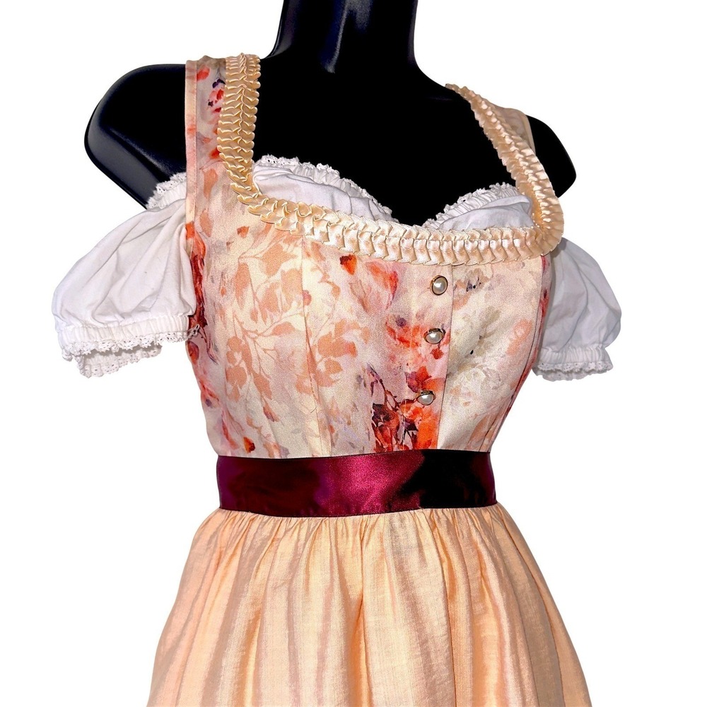 M Dirndl Dress German Austrian Oktoberfest Party Lace Floral Peach Pink Red
